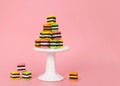 Colorful candy licorice squares on pedestal party set up Royalty Free Stock Photo