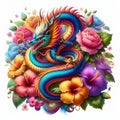Fantastic dragon on the background of flowers, bitmap graphics