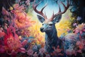 Colorful and Fantastical Red Deer Standing in Captivating Forest Illustration