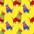 Colorful fantasy animal character seamless pattern, on yallow background. Funny doodle cartoon creature endless texture.