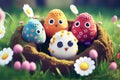 Happy Easter. Colorful fantasy easter eggs decorated in a nest on green grass Royalty Free Stock Photo