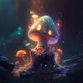 Colorful fantasy forest filled with fireflies and exotic creatures with beautiful Mushroom, generative ai