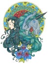 Colorful fantasy illustration with hand drawn beautiful fairy girl or princess and magic unicorn horse