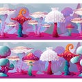 Colorful Fantasy Magic Mushrooms Seamless Border Landscape Set. Fungus and Unrealistic Uneartly Alien Botany with Royalty Free Stock Photo