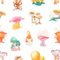 Colorful fantasy mushrooms seamless pattern. Bright fairytale fungus with legs and caps on white background