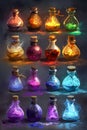 Colorful Fantasy Potion Bottles with Magical Glowing Effects on Mysterious Dark Background Alchemy and Wizardry Concept Royalty Free Stock Photo
