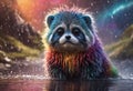 Colorful fantasy raccoon against a rain background. Generative AI