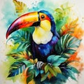 Colorful Fantasy Realism: Toucan With Leaves Watercolor Painting Print