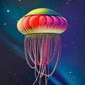 A fantasy sci-fi jellyfish in space, floating in space among the stars.