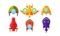 Colorful fantasy spaceships set, airplanes, alien aircraft, design elements for mobile or computer game interface vector