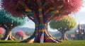 Colorful fantasy trees with trunks made of interlocking, multicolored bricks are se Royalty Free Stock Photo