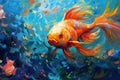 Colorful fantasy underwater world with beautiful fishes. Oil painting in an abstract style.