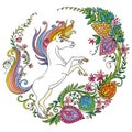 Colorful fantasy unicorn with flowers vector illustration