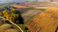 Colorful Farm Fields in Rural Countryside in Poland. Aerial Drone View