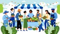 Colorful Farmers Market Scene with Diverse Shoppers and Sellers