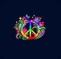 Colorful fashion print for t-shirt, bag design and hippy party poster with hippie peace symbol, flower-power, rainbow, paisley and