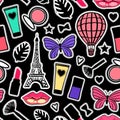 Colorful fashion signs Seamless pattern modern design. Vector illustration Abstract texture girly stickers. Bright Paris cosmetic