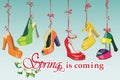 Colorful fashion womens High heel shoes hang on ri Royalty Free Stock Photo
