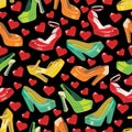 Colorful fashion womens shoes and hearts in seamle Royalty Free Stock Photo