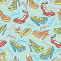 Colorful fashion womens shoes in seamless pattern.