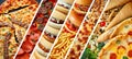 Colorful fast food collage, divided by white vertical lines, brightly lit in 7 segments Royalty Free Stock Photo