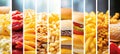 Colorful fast food collage with white lines, divided into 7 segments, bright white lighting Royalty Free Stock Photo