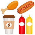 Colorful fast food icon set poster.