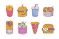 Colorful fast food set. Fries,burger, doner kebab and pizza