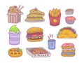 Colorful fast food set. Idaho potatoes,burger, wok,club sandwiches,pizza and donuts