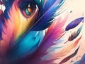 The colorful feather background paints a vibrant canvas that radiates energy and liveliness