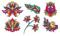 Colorful Feather and Floral Ornament Vector Set. Abstract Indian Linear Decorative Collection