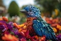 A colorful feathered friend perches amidst a garden of flowers