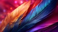 Colorful feathers on bokeh background, close-up. Royalty Free Stock Photo