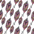 Colorful feathers seamless pattern in zentangle style. Hand drawn doodle ethnic ornament pattern with vector feathers Royalty Free Stock Photo