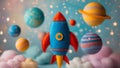 Colorful felt rocket ship surrounded by planets in a whimsical space setting Newborn backdrop Royalty Free Stock Photo