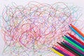 Colorful felt tip pen and abstract scribble on white paper. Royalty Free Stock Photo