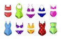 Colorful female beachwear, swimwear, lingerie assortment. One-piece, two-piece swimming suits.