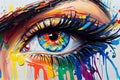 Colorful female eye oil painting with multicolor smudges