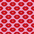 Colorful female lips. Seamless vector pattern. Red lips with a black outline on a pink background. Fashion pop art Royalty Free Stock Photo