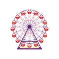 Colorful ferris wheel, amusement park element in flat style isolated on white background. Family entertainment, merry-go