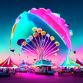 Colorful Ferris wheel at the amusement park. Panorama. Generative AI