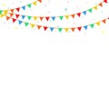 Colorful festival flags  garland  and confetti pattern on white background. Royalty Free Stock Photo