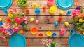Colorful Festive Easter Picnic Table For Kids With A Variety of Easter Eggs and Flowers
