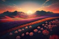 Colorful field of tulips at sunset. 3D illustration. Royalty Free Stock Photo