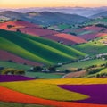 Colorful fields in the rolling hills of Sicily at sunset, Italy Royalty Free Stock Photo