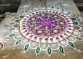 Colorful figure-prayer painted around the front door. Rangoli. India