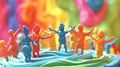 Colorful figures of people made of plasticine with raised hands on multicolor background