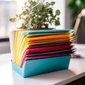 Colorful File Folders on White Desk with Potted Plant Royalty Free Stock Photo