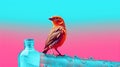 Colorful Finch On Bottle With Risograph Texture