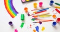 Colorful finger paints set on white color background, top view